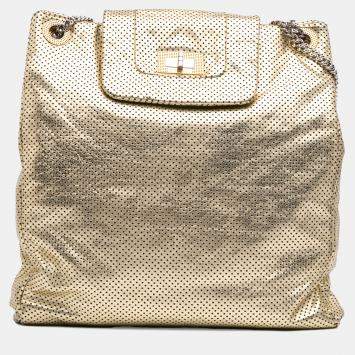 Pre Owned Chanel Gold Perforated Crackled Metallic Calfskin Drill Tote