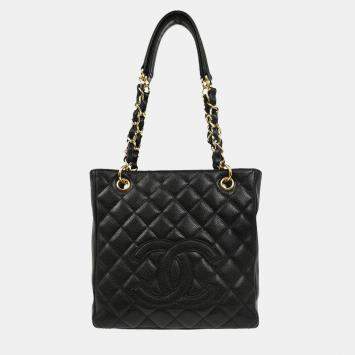 Pre Owned Chanel Black Calfskin Petite Shopping Tote PST Chain Handbag