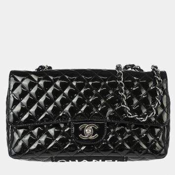 Pre Owned Chanel Black Patent Leather Single Flap Shoulder Bag