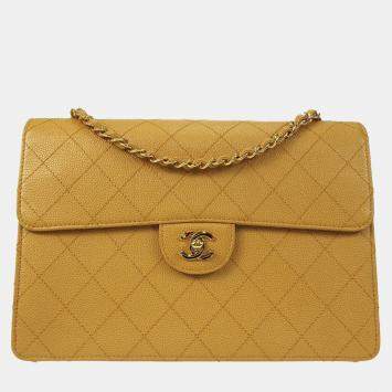 Pre Owned Chanel Beige Calfskin Jumbo Classic Flap Shoulder Bag
