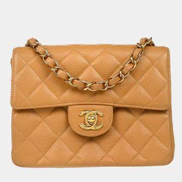 Pre Owned Chanel Beige Calfskin Mini Classic Square Flap Shoulder Bag