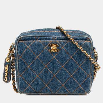 Pre Owned Chanel Blue CC Quilted Denim Turnlock Camera Bag