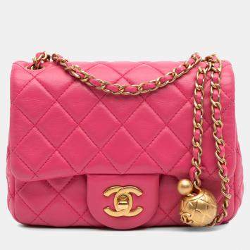 Pre Owned Chanel Pink Mini Square Classic Lambskin Pearl Crush Single Flap
