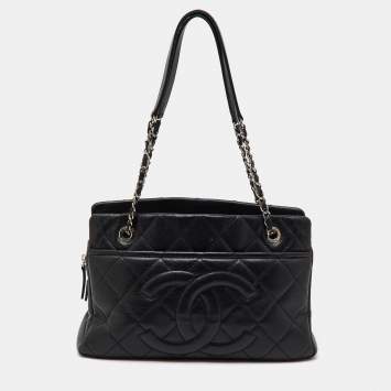 Pre Owned Chanel Black Quilted Caviar Soft Leather Medium Timeless Shopping Tote