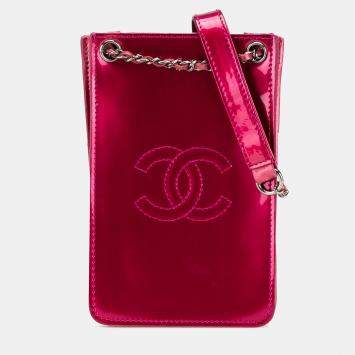 Pre Owned Chanel Pink CC Patent Phone Holder Crossbody