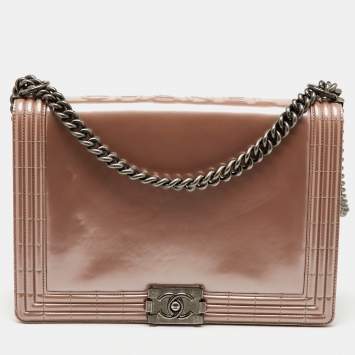 Pre Owned Chanel Beige Patent Leather Large Reverso Boy Flap Bag