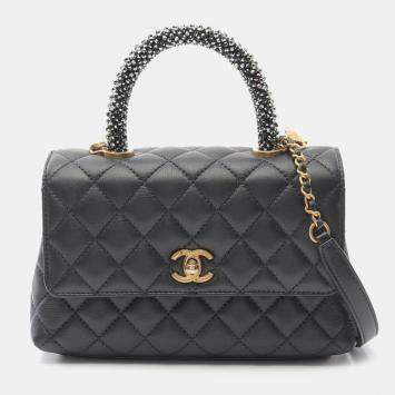 Chanel Black Lambskin Leather Top Handle Flap Bag 