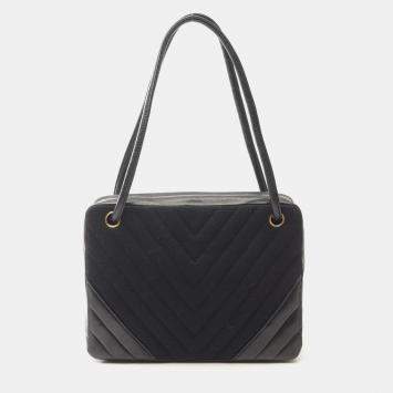 Pre Owned Chanel Black Chevron Lambskin and Jersey Shoulder Bag