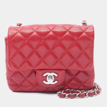 Pre Owned Chanel Red Leather Mini Chain Shoulder Bag