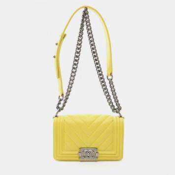 Pre Owned Chanel Yellow Lambskin Small Leather Boy Chanel Shoulder Bag