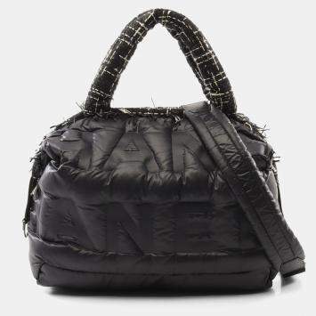 Pre Owned Chanel Black Nylon Coco Tweed Doudoune Bowling Bag