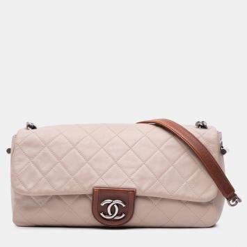 Pre Owned Chanel Beige Large Quilted Lambskin Country Chic Flap