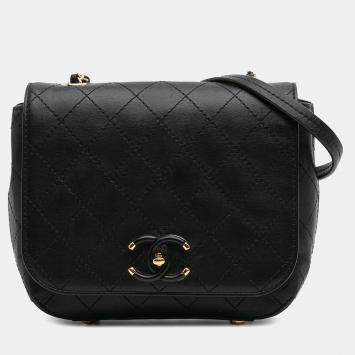 Pre Owned Chanel Black Small Stitched Calfskin Covered CC Flap