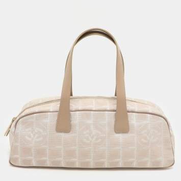 Chanel Beige Printed Nylon Travel Ligne Bowler Bag