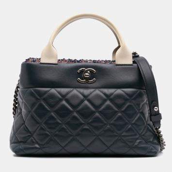 Pre Owned Chanel Navy Blue Small Quilted Calfskin and Tweed Top Handle Tote