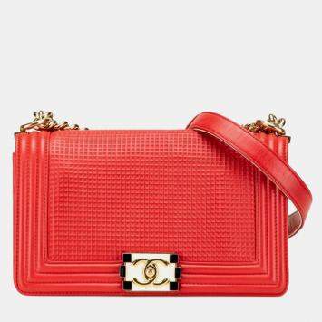 Pre Owned Chanel Red Leather Boy Waffle Chain Shoulder Bag