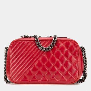 Pre Owned Chanel Red Small Quilted Glazed Calfskin Coco Boy Camera Bag