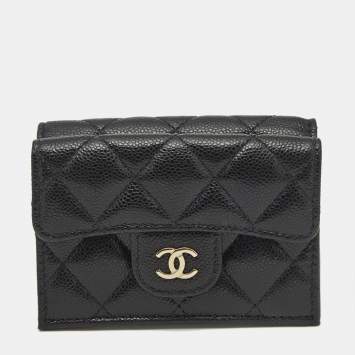 Pre Owned Chanel Black Quilted Caviar Leather CC Flap Card Case