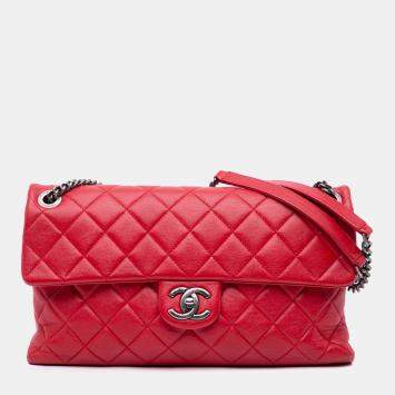 Pre Owned Chanel Red Large Quilted Shiny Lambskin Burgundy Rocks Flap