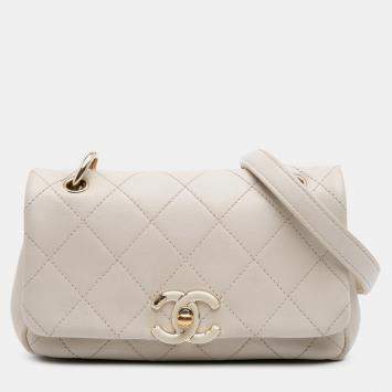 Pre Owned Chanel Beige Medium Lambskin Twist Chain Enamel CC Flap