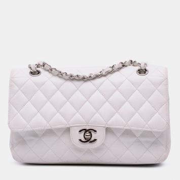 Pre Owned Chanel White Medium Classic Caviar Double Flap