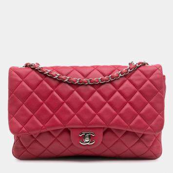 Pre Owned Chanel Pink Jumbo Quilted Lambskin 3 Accordion Flap