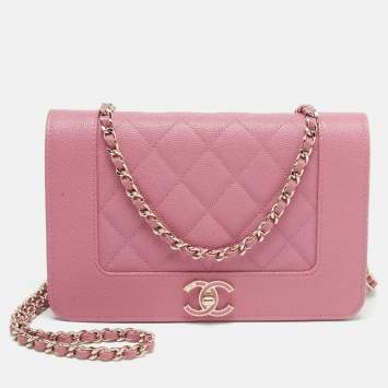 Pre Owned Chanel Dark Pink Quilted Leather Mademoiselle Wallet On Chain