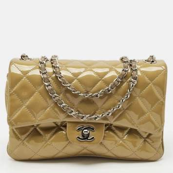 Chanel Beige Quilted Patent Leather 3 Compartment Classic Flap Bag