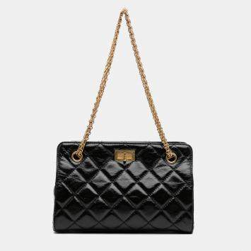 Pre Owned Chanel Black Reissue 2.55 Glazed Crackled Calfskin Shopping Bag