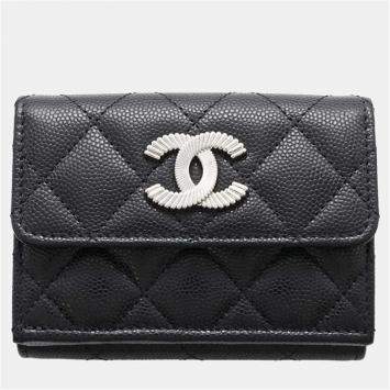 Chanel Black Caviar Skin Small Tri-Fold Coco Mark Flap Wallet