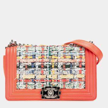 Pre Owned Chanel Orange Medium Tweed and Lambskin Boy Flap