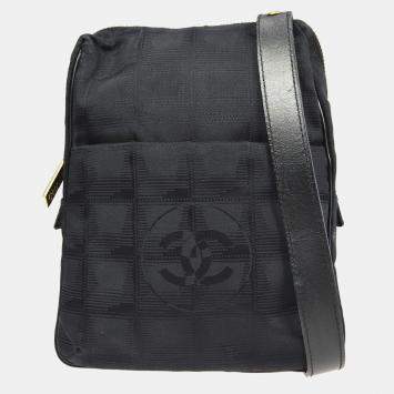 Pre Owned Chanel Black Jacquard Nylon Travel Line Shoulder Bag