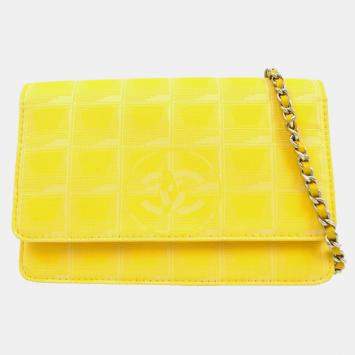 Pre Owned Chanel Yellow Jacquard Nylon Travel Line Wallet on Chain 