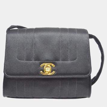 Pre Owned Chanel Black Satin Straight Flap Mademoiselle Shoulder Bag