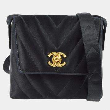 Pre Owned Chanel Black Satin Chevron Shoulder Bag 