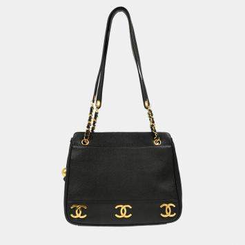 Pre Owned Chanel Black Calfskin Triple CC Shoulder Tote Bag