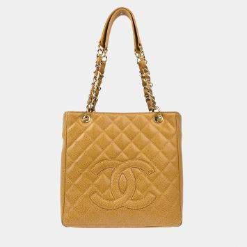 Pre Owned Chanel Beige Calfskin Petite Shopping Tote Handbag