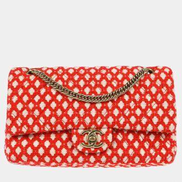 Pre Owned Chanel Red Cotton Medium Classic Double Flap Shoulder Bag