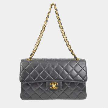Pre Owned Chanel Black Lambskin Double Sided Classic Flap Shoulder Bag