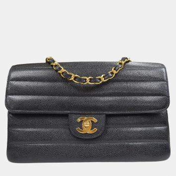Pre Owned Chanel Black Calfskin Medium Classic Single Flap Double Chain Shoulder Bag