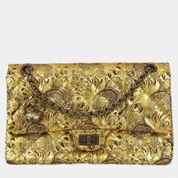 Pre Owned Chanel Gold Lambskin Paris-Moscow Classic Double Flap Shoulder Bag