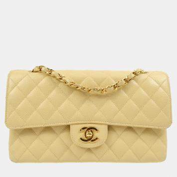 Pre Owned Chanel Beige Calfskin Medium Classic Double Flap Shoulder Bag