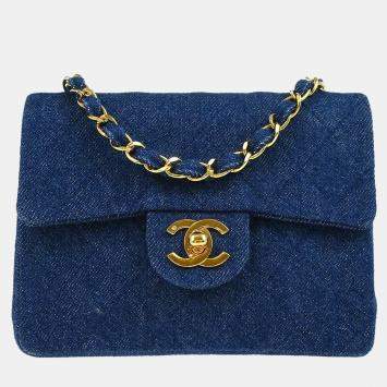 Pre Owned Chanel Blue Denim Mini Classic Square Flap Shoulder Bag