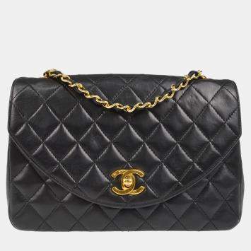 Pre Owned Chanel Black Lambskin Single Flap Shoulder Bag 