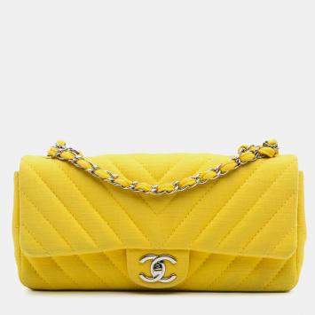 Pre Owned Chanel Yellow Chevron Jersey East West Flap