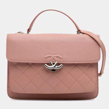 Pre Owned Chanel Pink Large Quilted Goatskin CC Box Flap