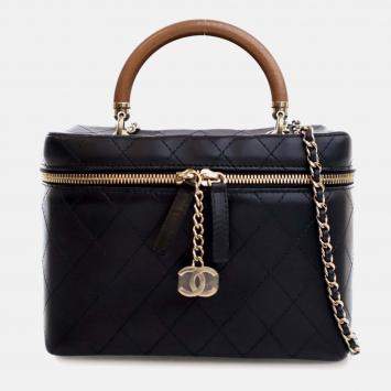 Chanel Black/Brown Large Quilted Lambskin Knock On Wood Vanity Case