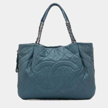 Pre Owned Chanel Blue Quilted Caviar Expandable Zip Tote