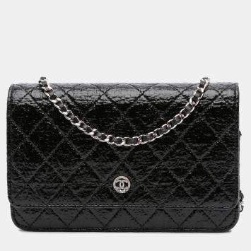 Pre Owned Chanel Black CC Quilted Crinkled Patent Wallet On Chain
