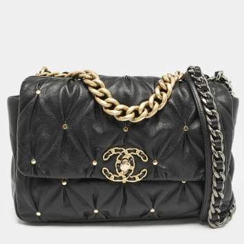 Pre Owned Chanel Black Quilted Leather Studded Small 19 Flap Bag